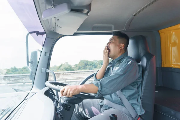 Professional Truck Driver Adult Male Safety Belt Yawning Sleepy Young — Stock Photo, Image