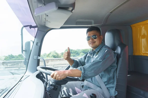 Professional Truck Driver Adult Male Asian Wearing Sunglasses Smile Raise — Stock Photo, Image