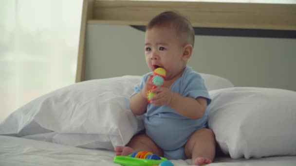 Happy Baby Girl Cute Healthy Beautiful Eyes Playing Toys Nursery — Stock Video