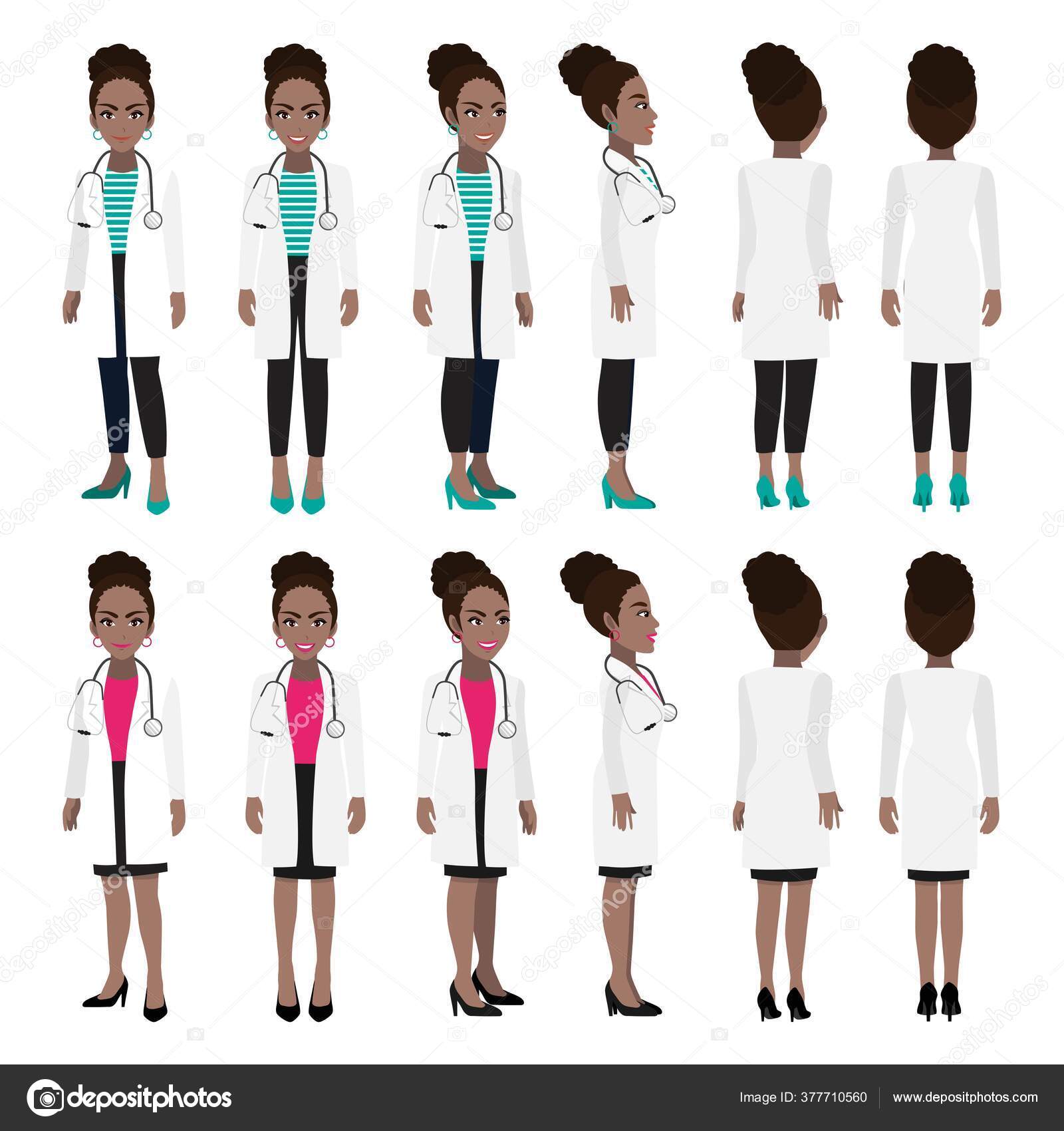 conjunto de personagens de desenhos animados de médica, médica africana  americana em poses diferentes, trabalhador médico