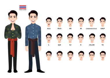 Animasyon için Tayland 'ın geleneksel kostümlü erkeği. Dudak senkronizasyonu ve pozlar. Çizgi film karakteri düz vektörü