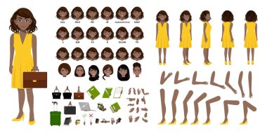 African American Businesswoman cartoon character creation set with various views, hairstyles, face emotions, lip sync and poses. Parts of body template for design work and animation. clipart