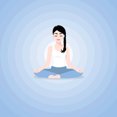Yoga Lotus 'taki güzel bir genç kadın çizgi film karakteri meditasyon yapıyor. Yoga pratiği. Vektör illüstrasyonu