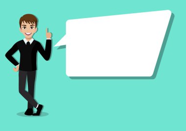 Ofis tarzı sohbet baloncukları olan iş adamı çizgi film karakteri. Vektör illüstrasyonu