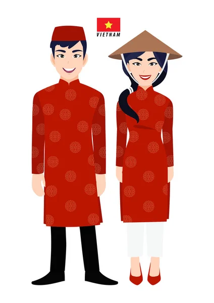 Een Paar Stripfiguren Vietnam Traditionele Kostuum Vector — Stockvector