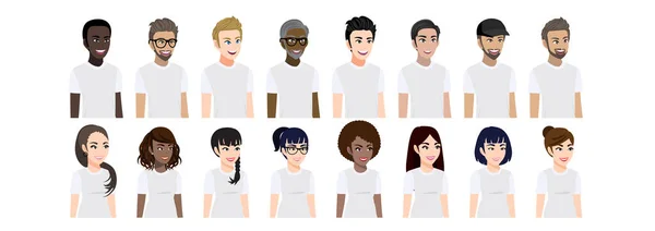 Tシャツの男性と女性と漫画のキャラクターはポーズ3 4ビューキャラクターのためのカジュアルホワイト 男性と女性の肖像画のフラットベクトルイラストのセット — ストックベクタ