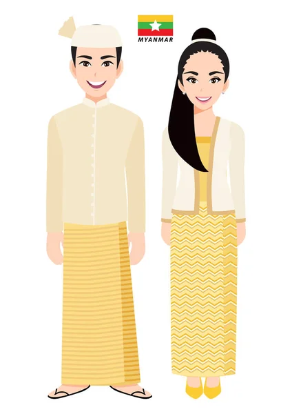 Coppia Personaggi Dei Cartoni Animati Myanmar Vettore Costume Tradizionale — Vettoriale Stock