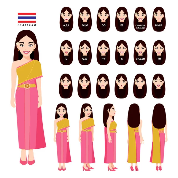 Женщина Таиланда Традиционном Костюме Анимации Спереди Сбоку Сзади Вида Персонажа — стоковый вектор