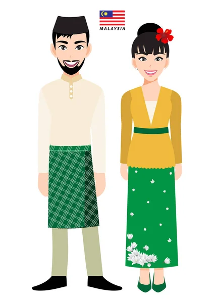 マレーシアの伝統的な衣装ベクトルの漫画のキャラクターのカップル — ストックベクタ