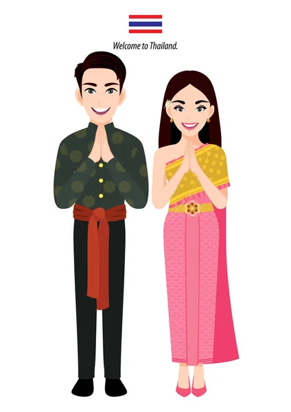 Thailand Male Female Traditional Costume Thai People Greeting Sawasdee Thai — Stock Vector