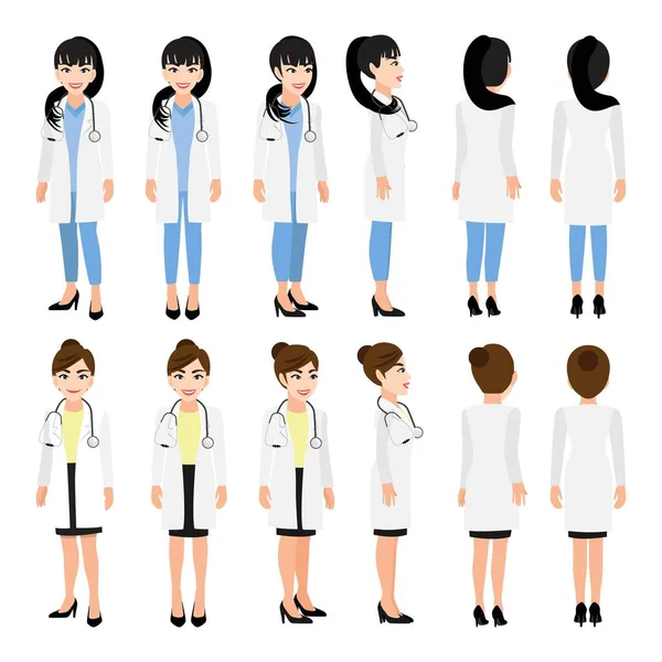Femme Médecin Personnage Dessin Animé Avant Côté Arrière Vue Personnage — Image vectorielle