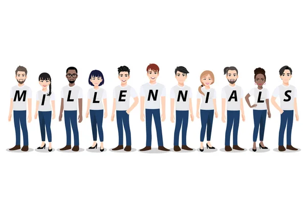 ミレニアル世代の人々のグループと漫画のキャラクター 白いTシャツと青いジーンのカジュアル フラットアイコンデザインベクトルに一緒に立って若い男性と女性 — ストックベクタ