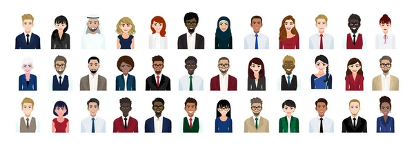ビジネスマン漫画キャラクターヘッドコレクションセット 白い背景にオフィススタイルのビジネスマンやビジネスマンの女性 平面ベクトル図 — ストックベクタ