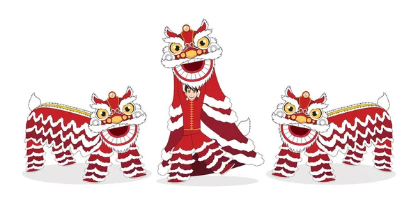 Chinese Maan Nieuwjaar Lion Dance Vecht Geïsoleerd Met Cartoon Karakter — Stockvector