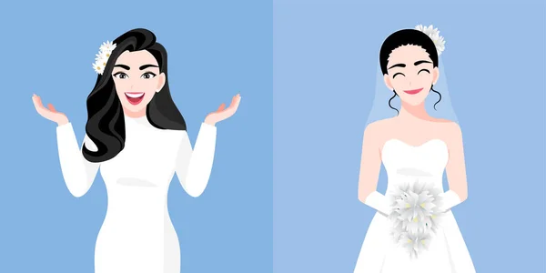 Eine Schöne Junge Frau Mit Einem Brautkleid Zwei Stilrichtungen Hochzeitstag — Stockvektor