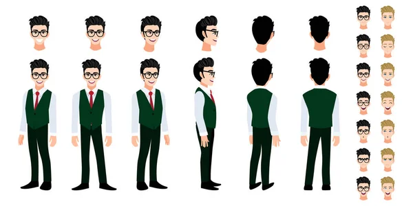 Studente Universitario Cartone Animato Personaggio Head Set Animazione Fronte Lato — Vettoriale Stock
