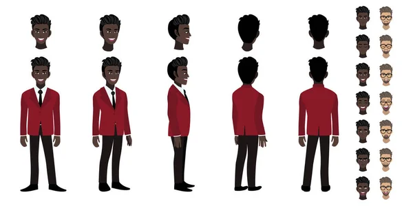 アフリカ系アメリカ人ビジネスマン漫画のキャラクターヘッドセットとアニメーションデザイン フロント サイド バック 4ビューのアニメーションキャラクター 平面ベクトル図 — ストックベクタ