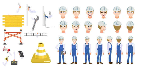 Building construction worker cartoon character head set and animation. Front, side, back, 3-4 view animated character. Flat icon vector illustration