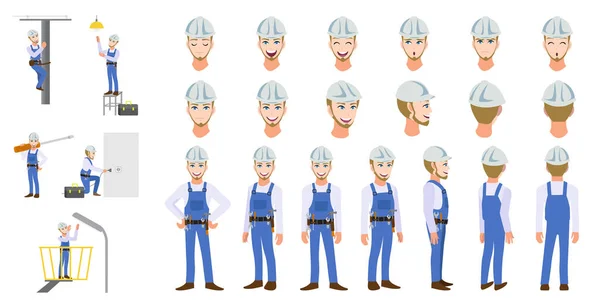 Eletricista Técnico Trabalhador Desenho Animado Personagem Cabeça Set Animação Frente —  Vetores de Stock