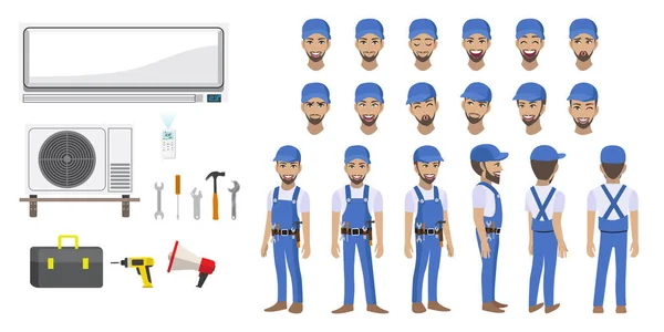 Técnico Reparação Split Air Condicionado Desenho Animado Personagem Cabeça Set —  Vetores de Stock