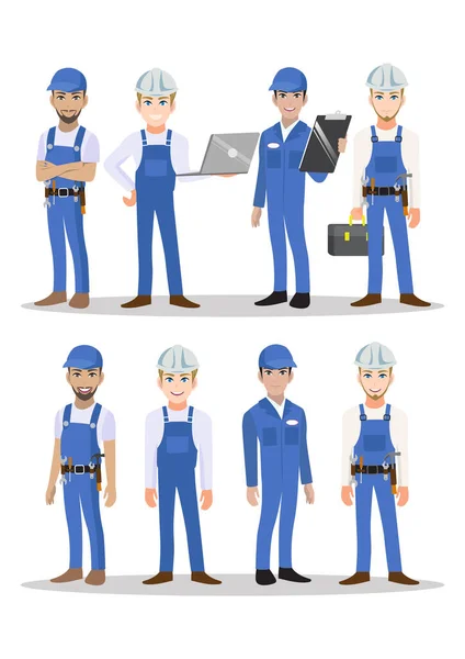 Engineer Technician Builders Mechanics People Teamwork Cartoon Character Flat Icon — стоковый вектор