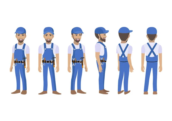 Engenheiro Técnico Construtores Mecânica Personagem Desenho Animado Para Animação Frente —  Vetores de Stock