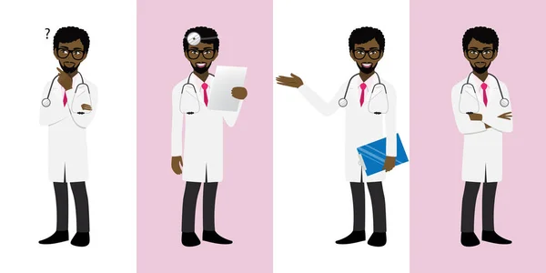 Homme Médecin Jeu Caractères Dessin Animé American African Man Doctor — Image vectorielle