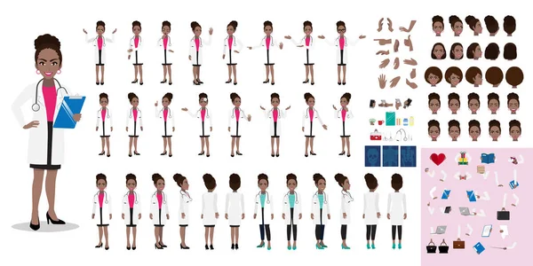Set Karakter Kartun Dokter Wanita Dokter Wanita Afrika Amerika Dengan - Stok Vektor
