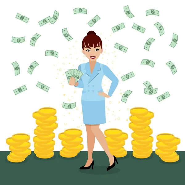 Rich Businesswoman Throwing Money Successful Business Concept Lady Holding Money — Stock Vector