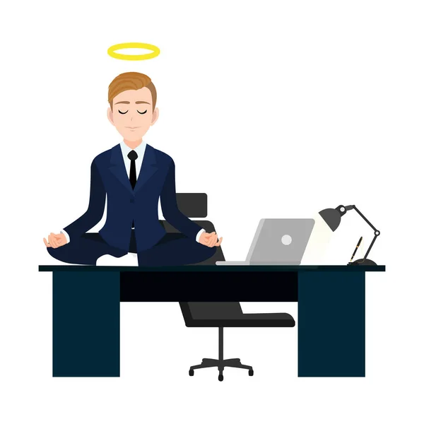 Meditation Health Benefits Body Businessman Relaxing Table Computer Desk Cartoon — Stock Vector