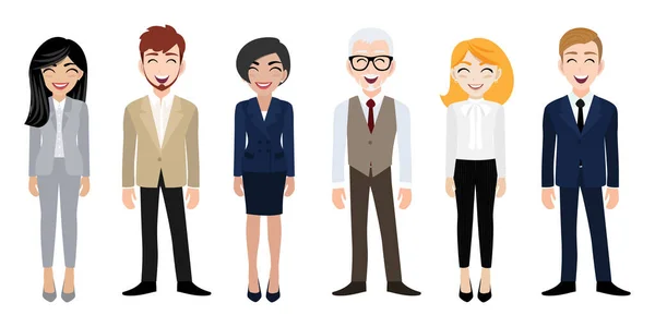 オフィス服のデザインベクトルで笑顔の男性と女性の漫画のキャラクターと幸せな職場 — ストックベクタ