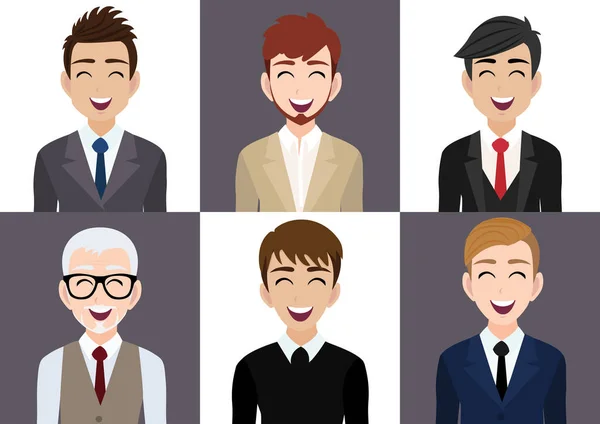 オフィス服のデザインベクトルで笑顔の男性漫画のキャラクターと幸せな職場 — ストックベクタ