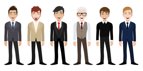 Happy workplace with smiling men cartoon character in office clothes design vector 