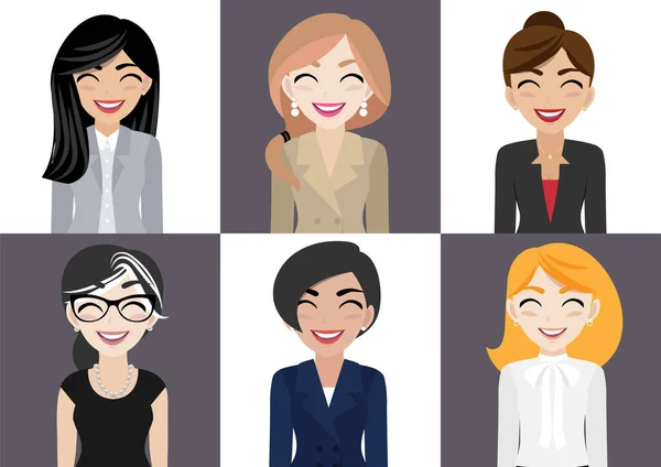 オフィス服のデザインベクトルで笑顔の女性漫画のキャラクターと幸せな職場 — ストックベクタ