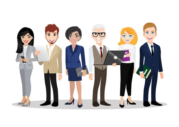 ビジネスマンやビジネス女性と漫画のキャラクター チームワークのコンセプトデザイン 平面ベクトル図 — ストックベクタ