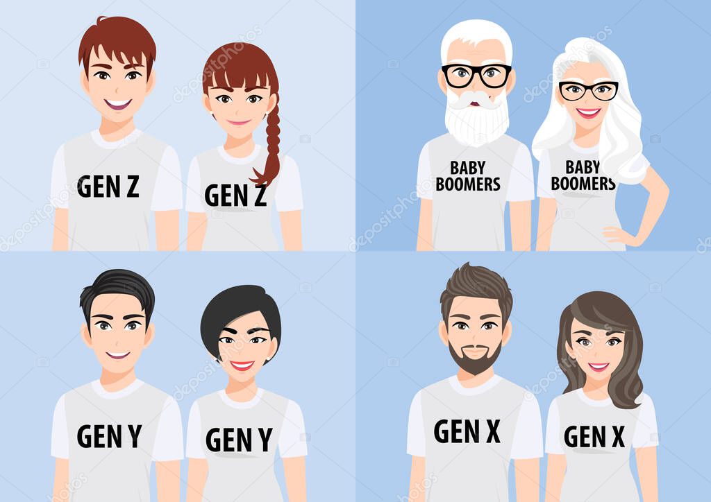 Cartoon character with generations concept. Baby boomers, generation x, generation y or millennial, generation z. Family people in white T-shirt casual on blue background, flat icon design vector