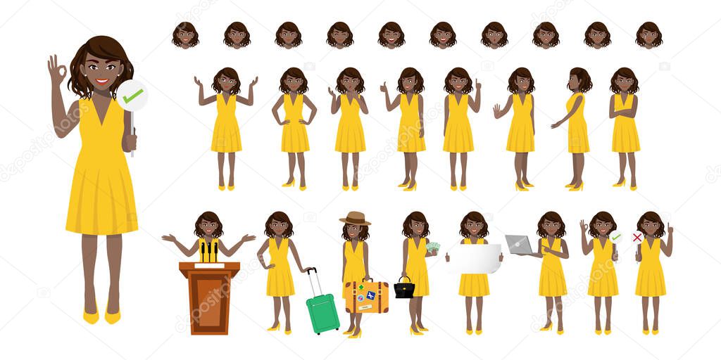 Businesswoman cartoon character set. African American businesswoman in yellow dress. Flat vector illustration.