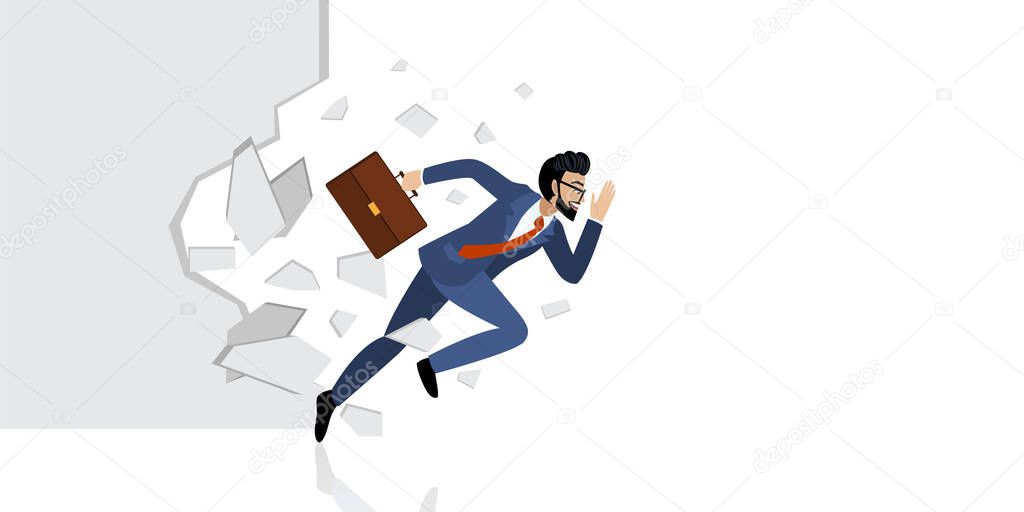 Breakthrough. Business concept with cartoon character. Manager breaking the wall or white background vector 