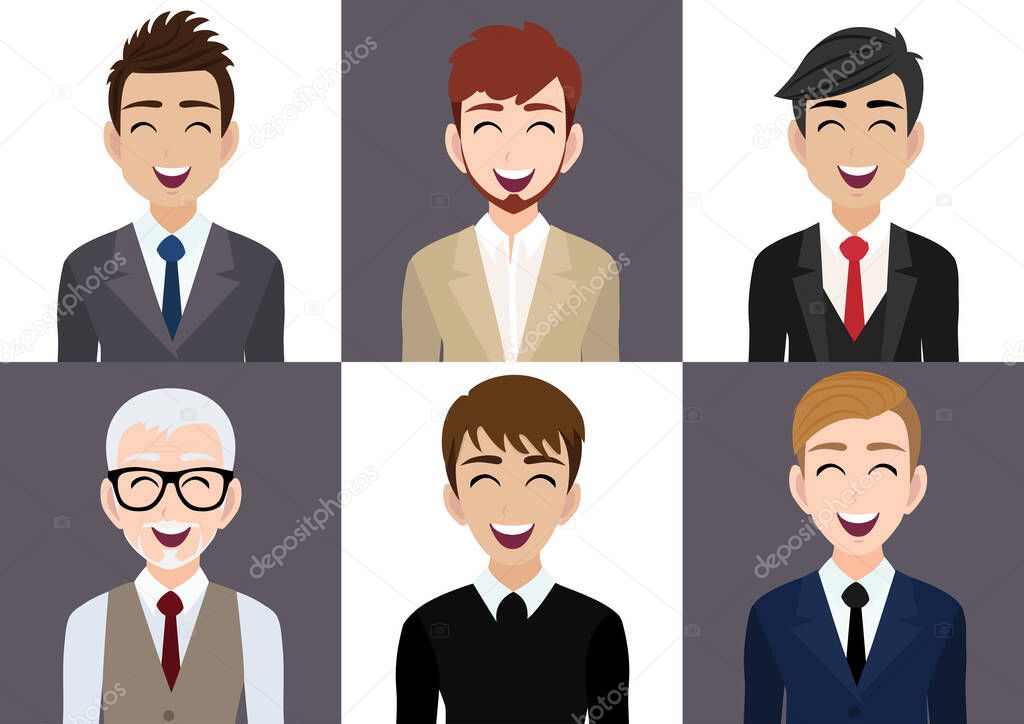 Happy workplace with smiling men cartoon character in office clothes design vector 