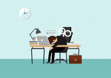 Masada oturan bitkin erkek ofis çalışanı konseptini yak. Hüsrana uğramış işçiler, akıl sağlığı sorunları. Düz biçimli vektör illüstrasyonu.