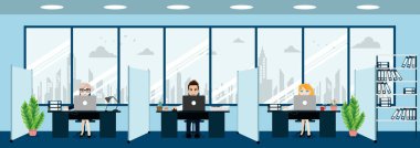 İş adamları, modern ofis içi, patronlar ve çalışanlar. Yaratıcı ofis çalışma alanı ve çizgi film karakter biçimi vektörü