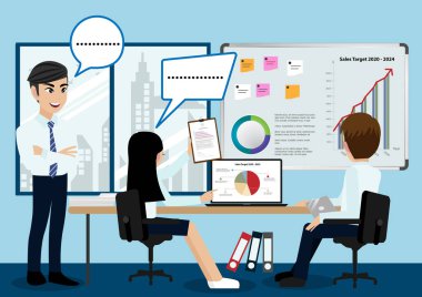 İş adamları grubu, çalışma programı, çalışma ortamı. Görevde başarılı bir takım. Çizgi film karakter tarzında vektör illüstrasyonu. 