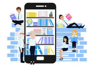 Mikro öğrenme konsepti. Cep telefonu ve iş adamları grubu düz simge tasarım vektör ilüstrasyonunda çevrimiçi kitaplıkta bir kitap kümesi.