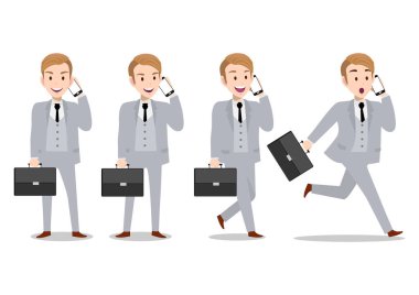 İş adamı çizgi film karakteri, cep telefonuyla iletişim, heyecan verici duygular ve dört pozdan oluşan bir set. Ofis tarzı şık takım elbiseli yakışıklı bir iş adamı. Vektör illüstrasyonu