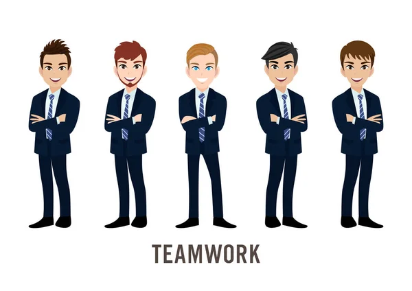 ビジネスマンと漫画のキャラクター チームワークのコンセプトデザイン 平面ベクトル図 — ストックベクタ