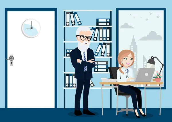 ビジネスマングループ 上司やスタッフや漫画のキャラクタースタイルでオフィス背景ベクトルイラストの労働者 — ストックベクタ