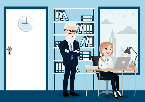 Business people group, boss and staff or workers in office background vector illustration in cartoon character style.