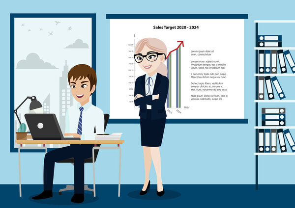 Business people group, boss and staff or workers in office background vector illustration in cartoon character style.