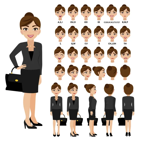 Zeichentrickfigur Mit Geschäftsfrau Animationsanzug Vorderseite Seite Rückseite Ansichtszeichen Getrennte Körperteile — Stockvektor