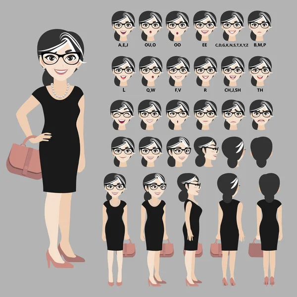 卡通人物和身着黑色连衣裙的女商人一起进行动画制作 4视图字符 身体的不同部位平面矢量图解 — 图库矢量图片
